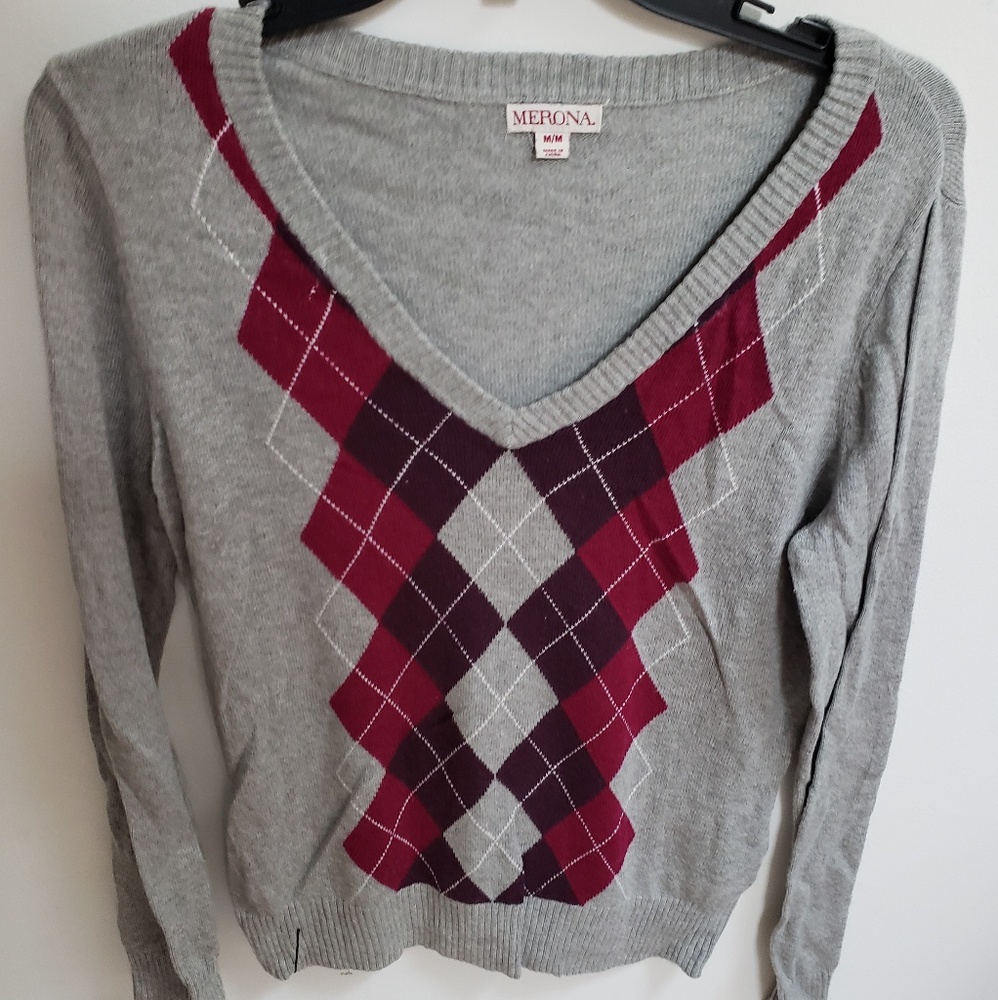 V-neck sweater. Gray, purple, pink. Medium.
